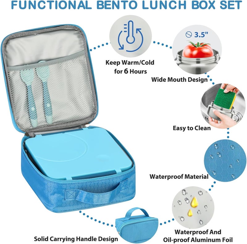 Howeemo Bento Lunch Box Set for Kids with 8oz Soup Thermo, Leak-Proof Lunch Containers with 4 Compartment, Kids Thermo Hot Food Jar and Insulated Lunch Bag for Kid to School-Blue - Image 4